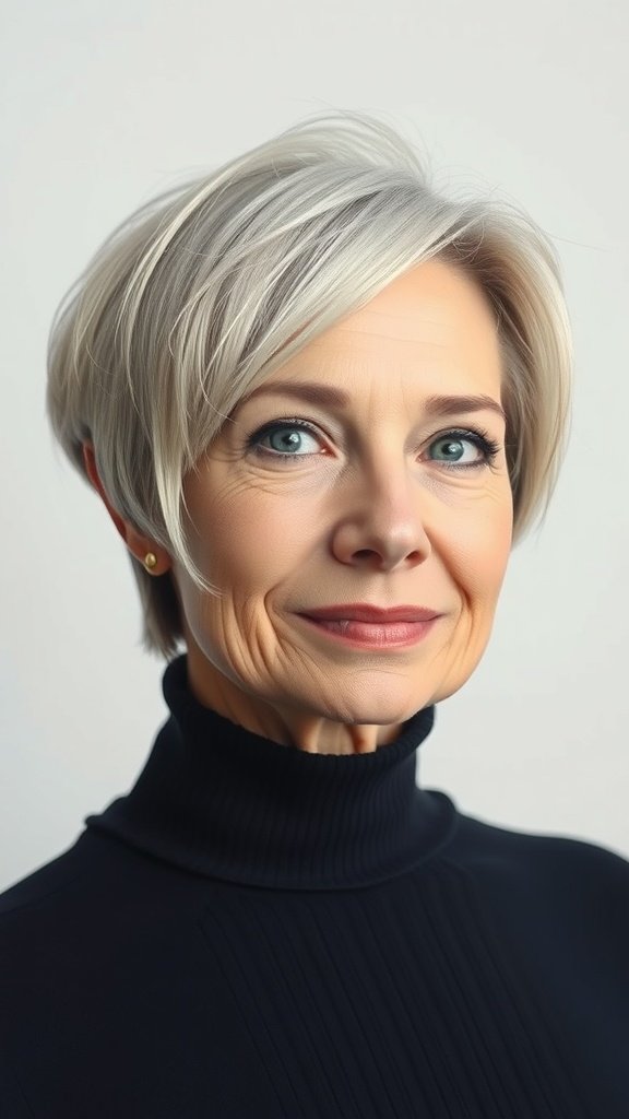 A woman with an asymmetrical bob haircut, showcasing a modern and stylish look.