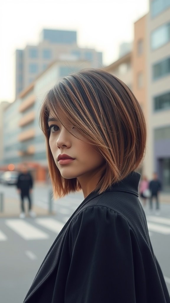 A woman with an asymmetrical lob hairstyle, featuring soft layers and subtle highlights, standing in an urban setting.