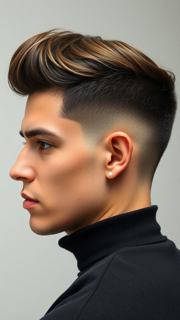 A stylish blowout fade haircut with voluminous top and clean sides