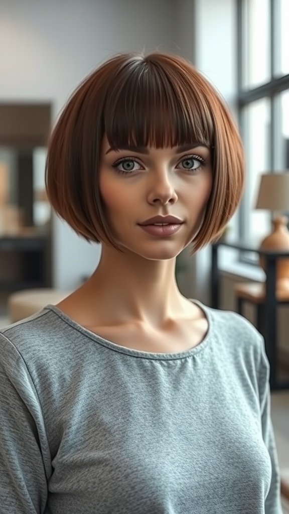 A woman with a blunt cut bob hairstyle, showcasing a warm hair color and a stylish look.