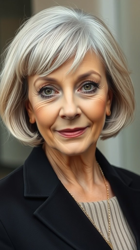 A woman with a stylish blunt cut featuring soft layers, showcasing a modern haircut for older women.