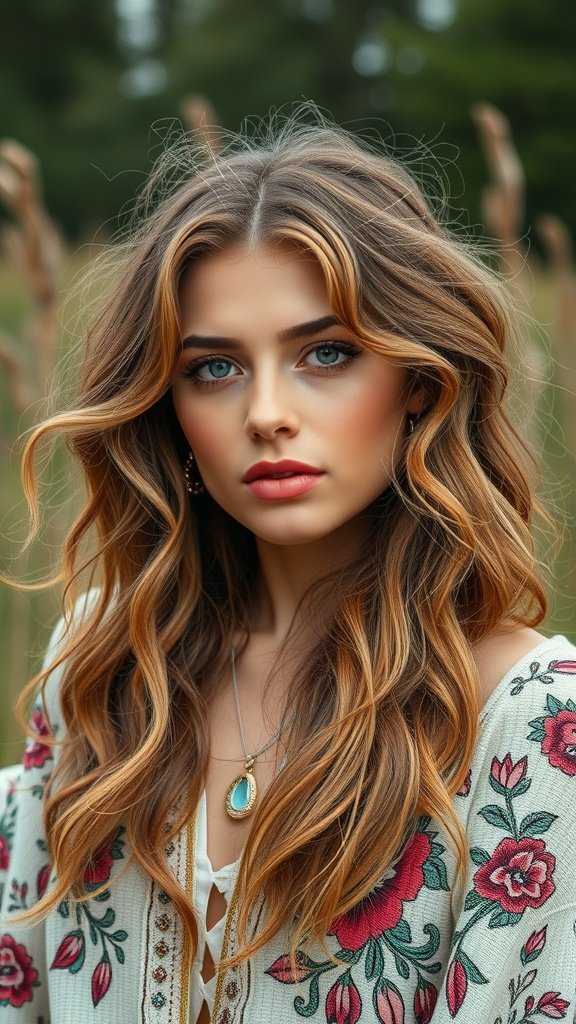 A woman with shoulder-length hair styled in bohemian waves, wearing a floral embroidered top.