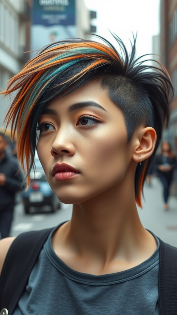 A person with bold asymmetrical layered hairstyle featuring vibrant orange and teal highlights.