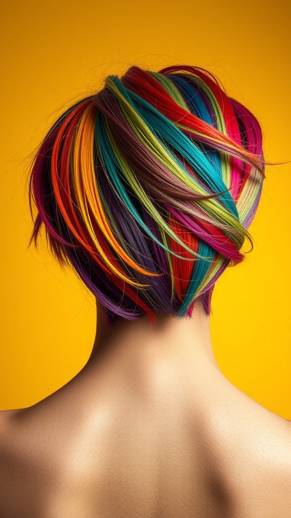 A vibrant medium-length layered hairstyle featuring bold color block layers in various shades.