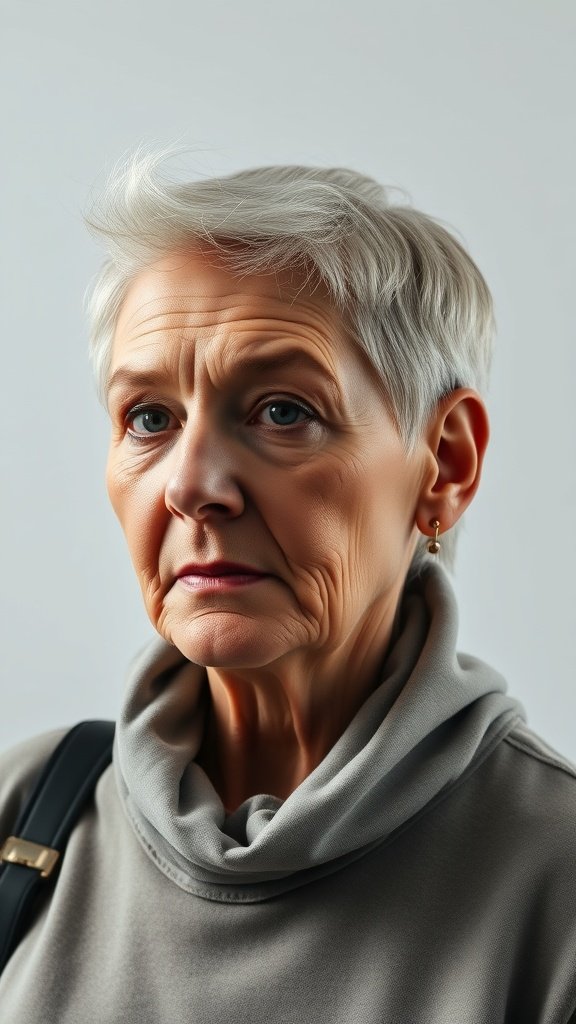 An older woman with a bold undercut hairstyle, featuring short silver hair on top and shaved sides, wearing a gray top.