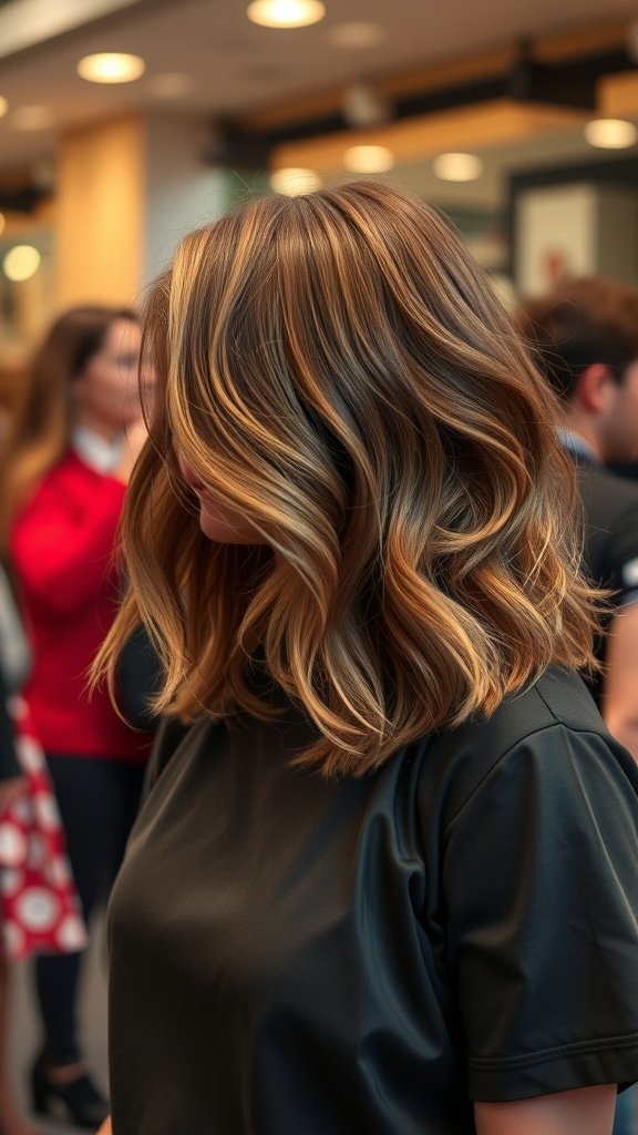A woman with medium-length layered hair styled in bouncy waves, showcasing warm tones and volume.
