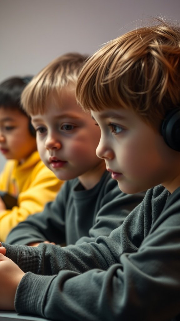 Boys with different hairstyles, including a bowl cut, engaged in an activity.
