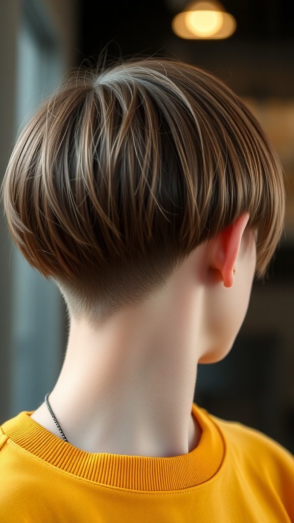 A stylish bowl cut with fade, showcasing a rounded top and clean sides, complemented by a bright yellow sweatshirt.