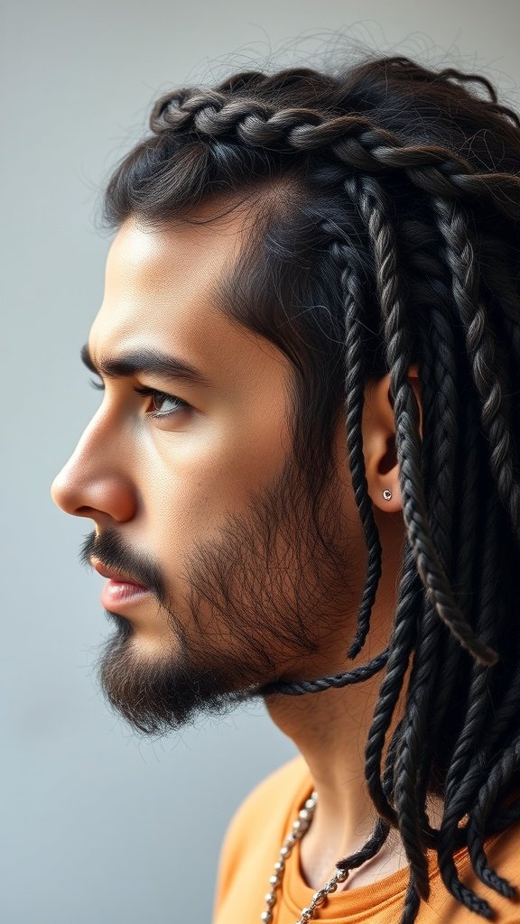 A man with thick braided hair styled in a crown, showcasing a unique and stylish look.