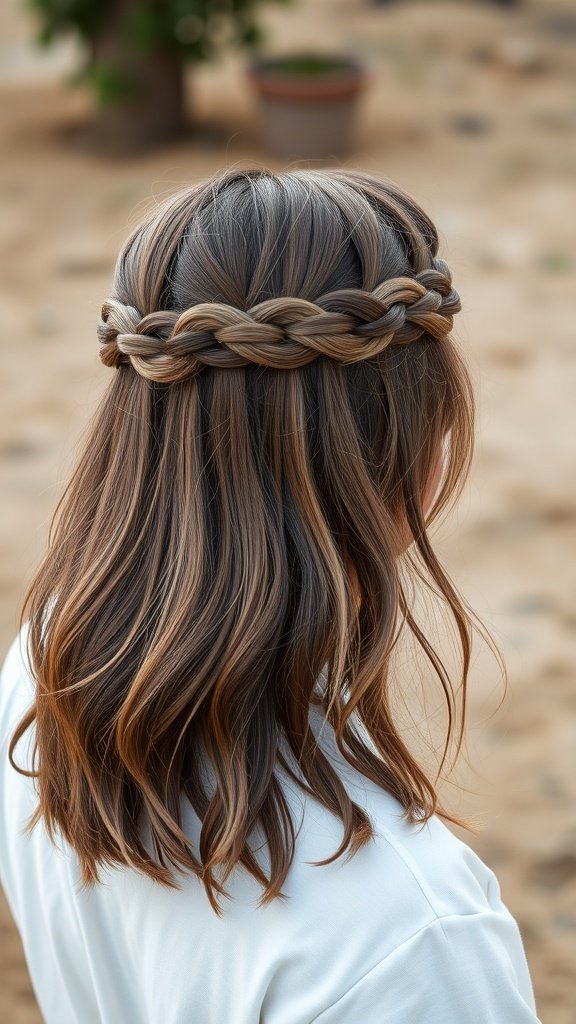 A woman with shoulder-length hair styled in a braided crown with loose waves.
