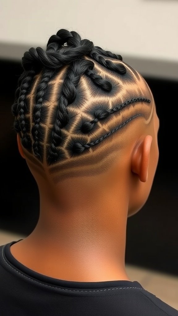 A man showcasing a braided top hairstyle with a mid-fade haircut.