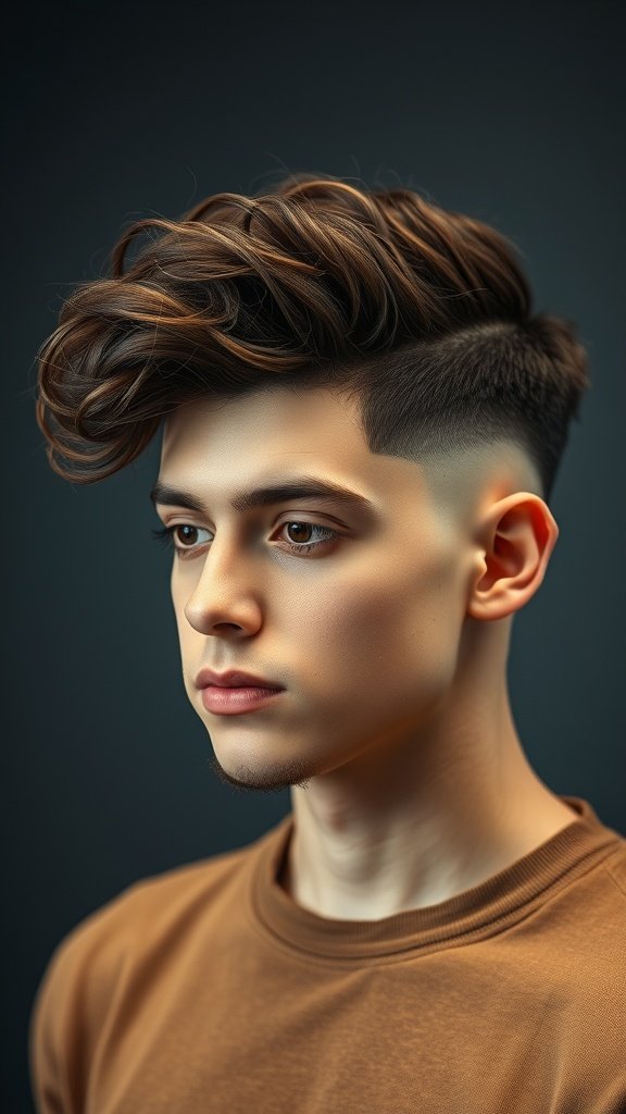 A young man with a burst fade haircut featuring a curly top, showcasing a stylish and modern look.