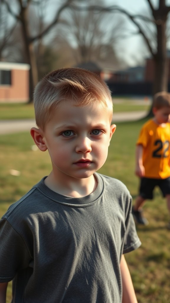 A young boy with a buzz cut, looking confidently at the camera, with another child in the background.