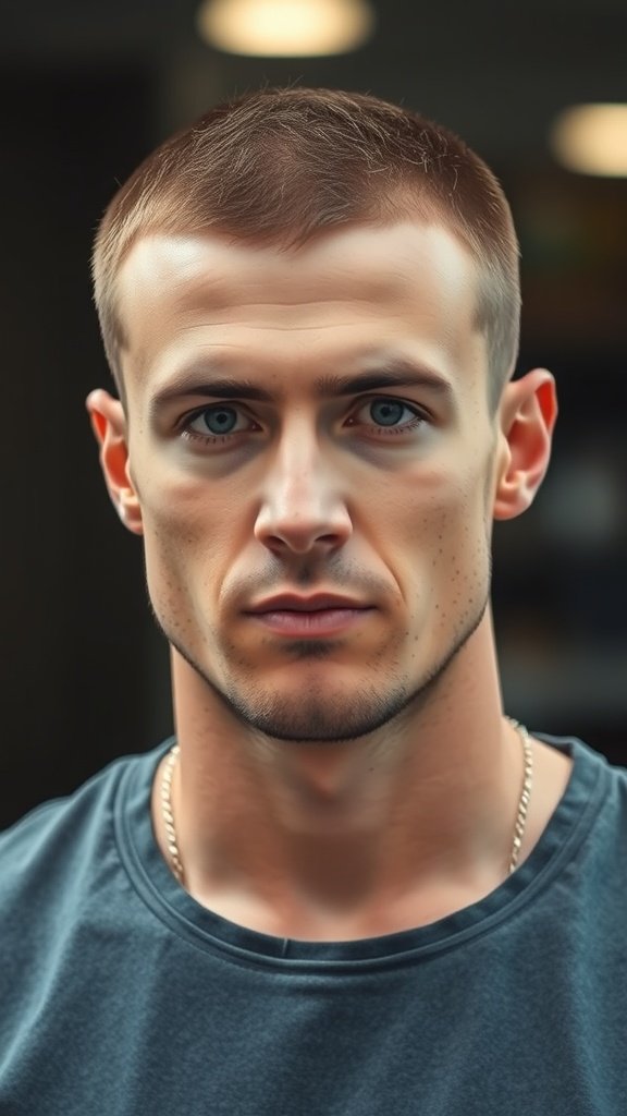 A man with a buzz cut, showcasing a low-maintenance hairstyle for thick hair.