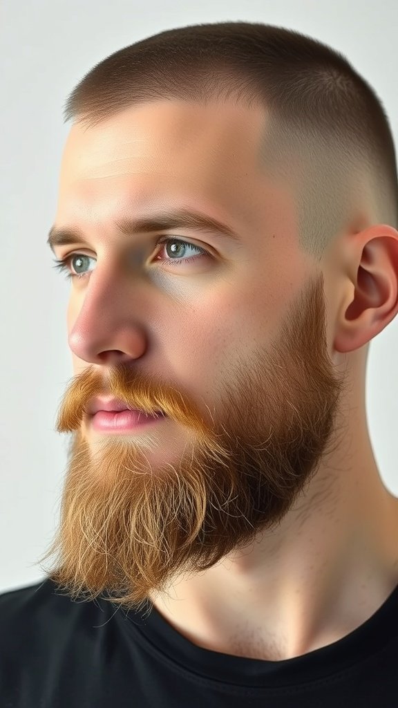 Man with a buzz cut and a full beard, showcasing a stylish and rugged appearance.