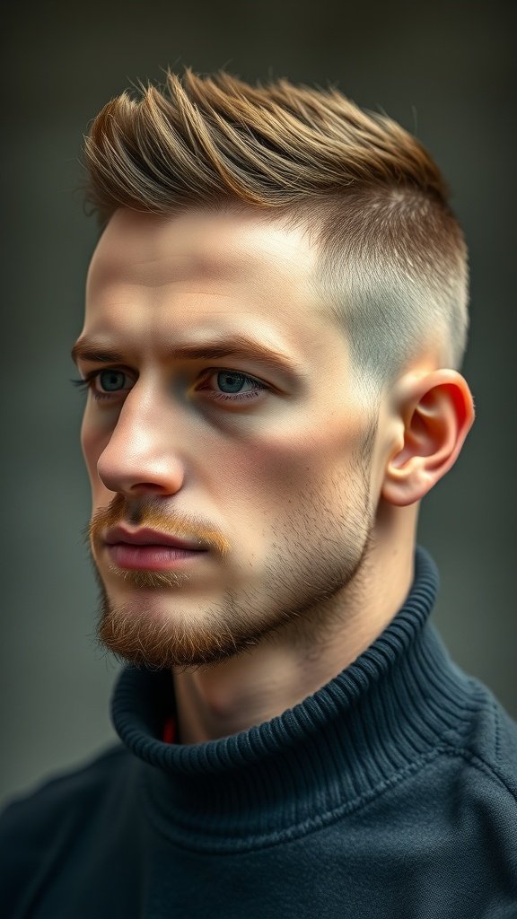 A man with a buzz cut and fade hairstyle, showcasing a clean and stylish look.
