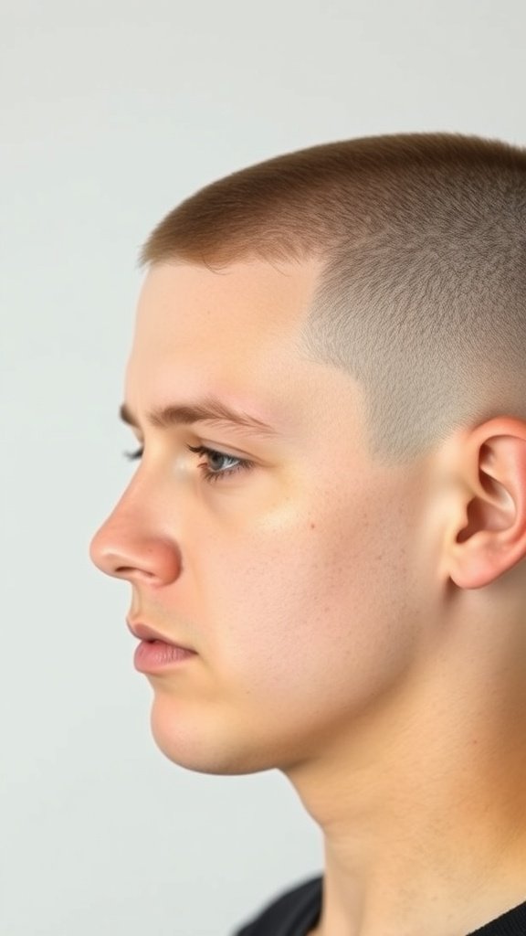 Profile view of a young man with a buzz cut and long top hairstyle.