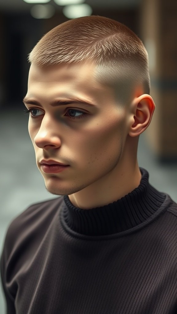 A young man with a buzz cut and low taper fade hairstyle, wearing a black turtleneck.