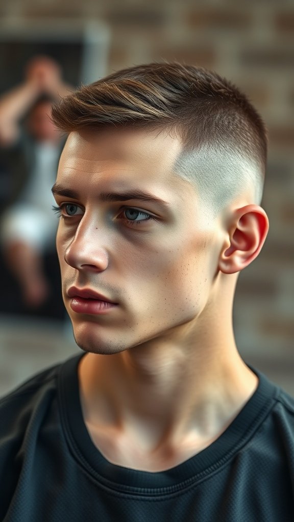 A young man with a buzz cut and mid-fade hairstyle, showcasing a clean and modern look.