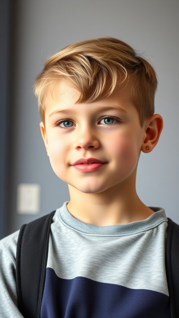 A young boy with a Caesar cut hairstyle, wearing a casual outfit and a backpack.