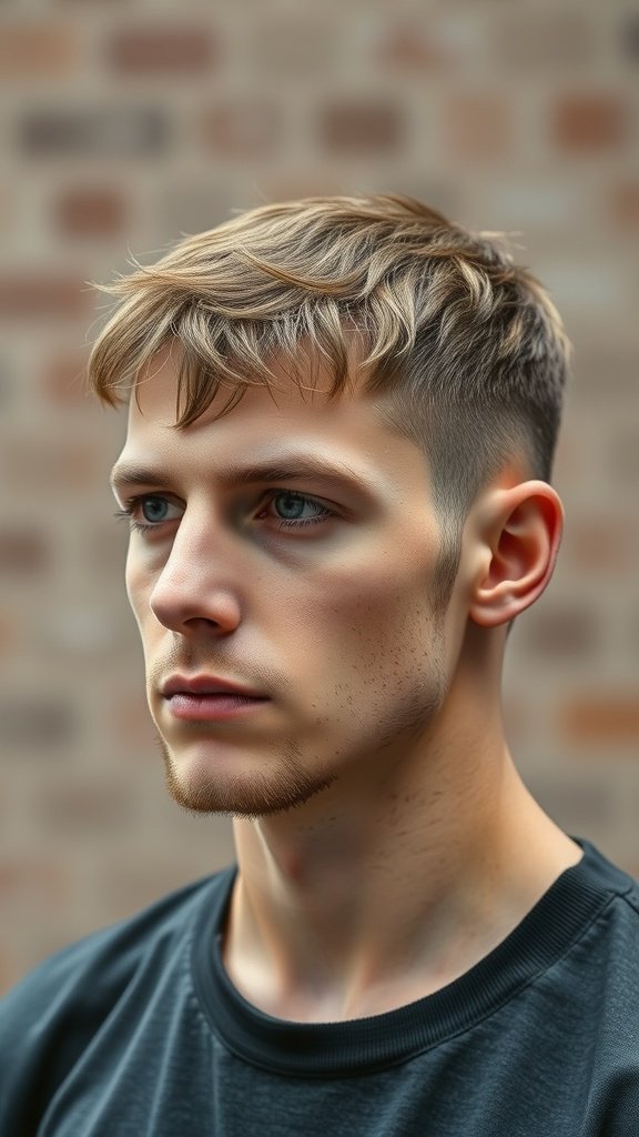 A young man with a Caesar cut hairstyle, featuring short sides and textured hair on top, against a brick background.