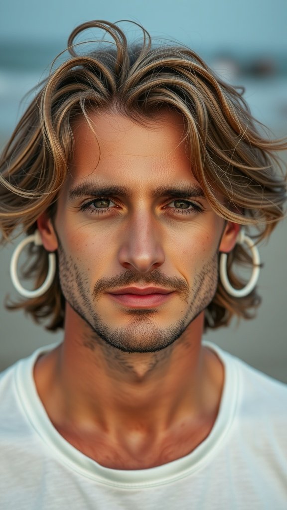 A man with medium-length hair styled in casual beach waves, showcasing a relaxed and approachable look.
