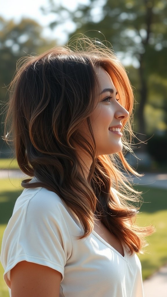 A woman with medium-length layered waves smiling outdoors