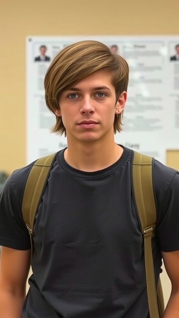 A young man with long hair on top and short sides, wearing a black t-shirt and a backpack.