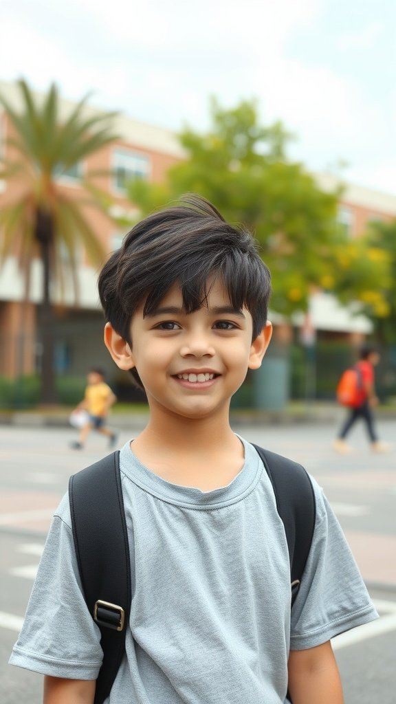 A young boy with a casual side part haircut, smiling and wearing a gray t-shirt and backpack.