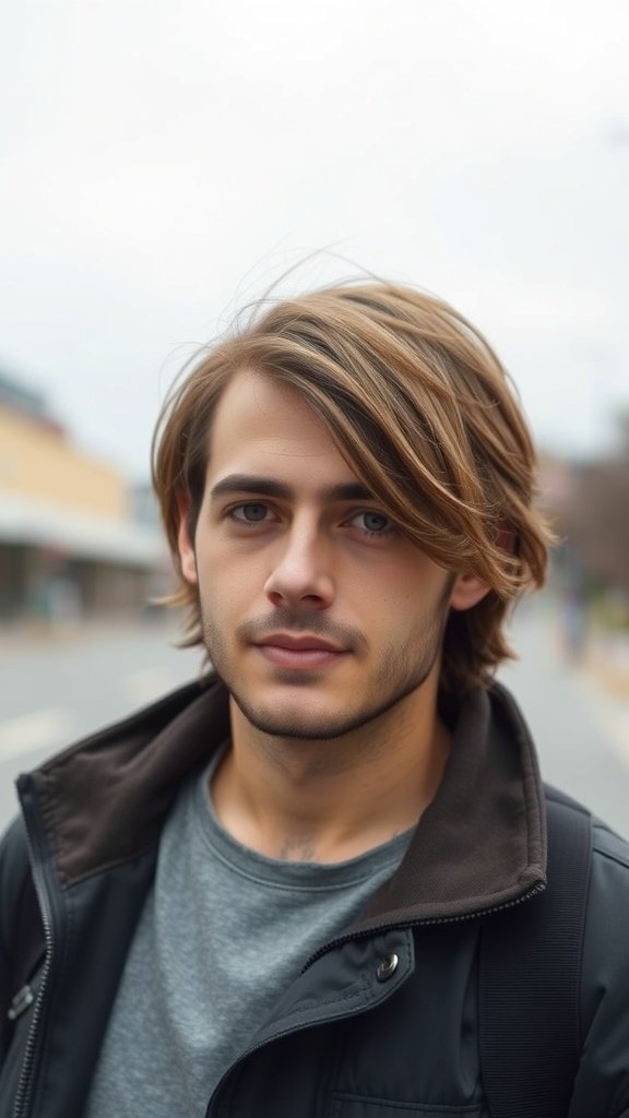 A young man with thick hair styled in a casual side swept hairstyle, wearing a black jacket and gray shirt.