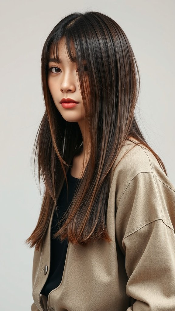 A model with straight hair styled in a casual look with a middle part.