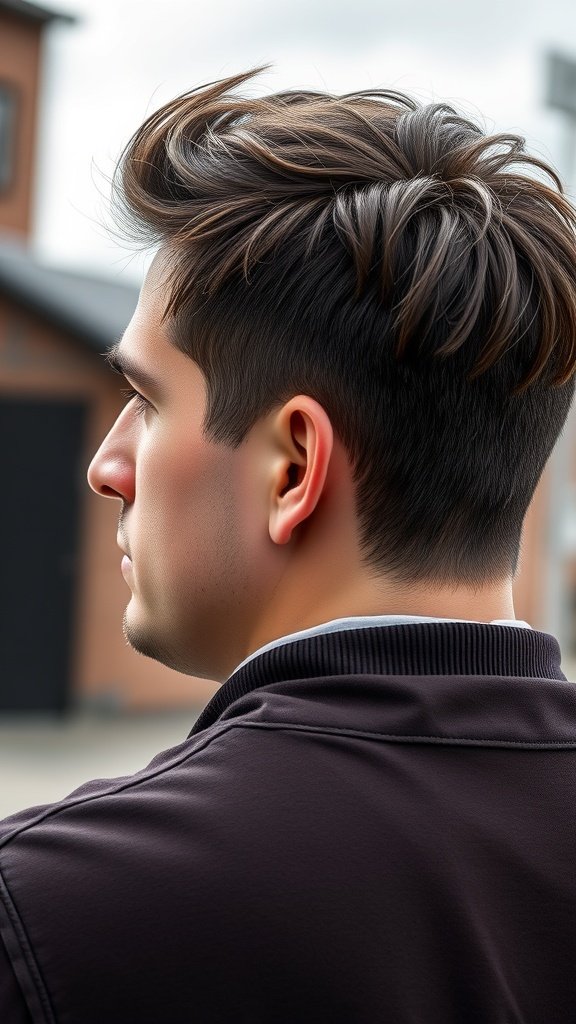 A man with thick hair styled in a casual textured back hairstyle, showcasing volume and a relaxed look.