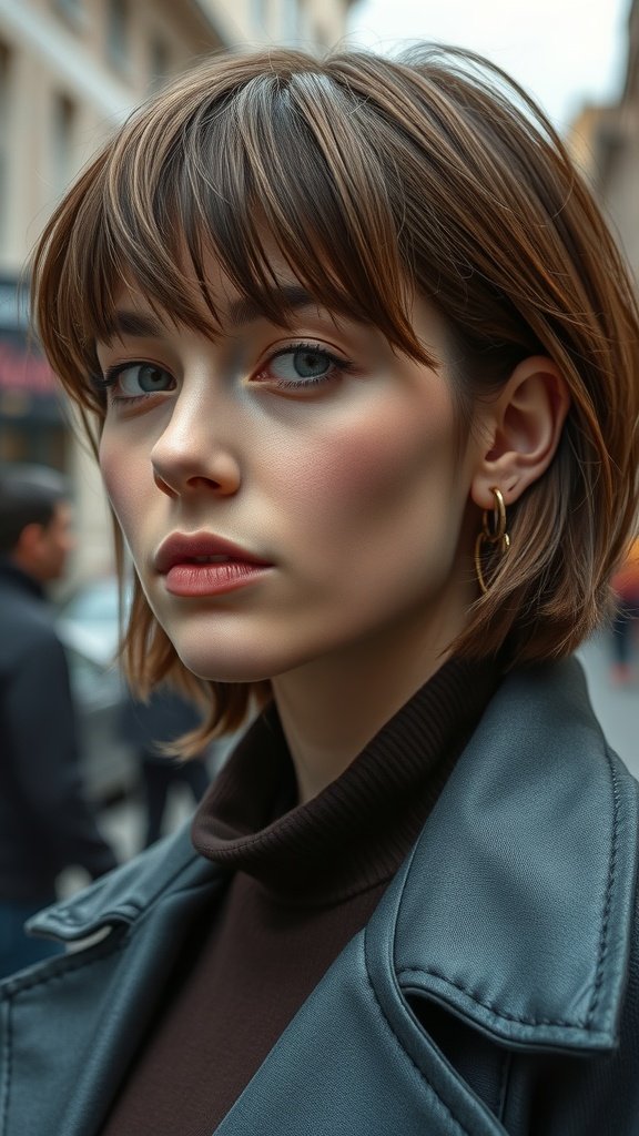 A model with a chic blunt cut hairstyle featuring subtle layers, wearing a black leather jacket and a brown turtleneck.