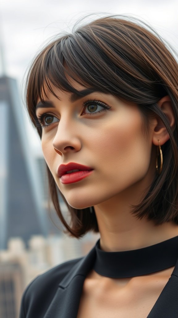 A woman with medium-length blunt layered hair, wearing a black outfit and bold red lipstick, with a city skyline in the background.