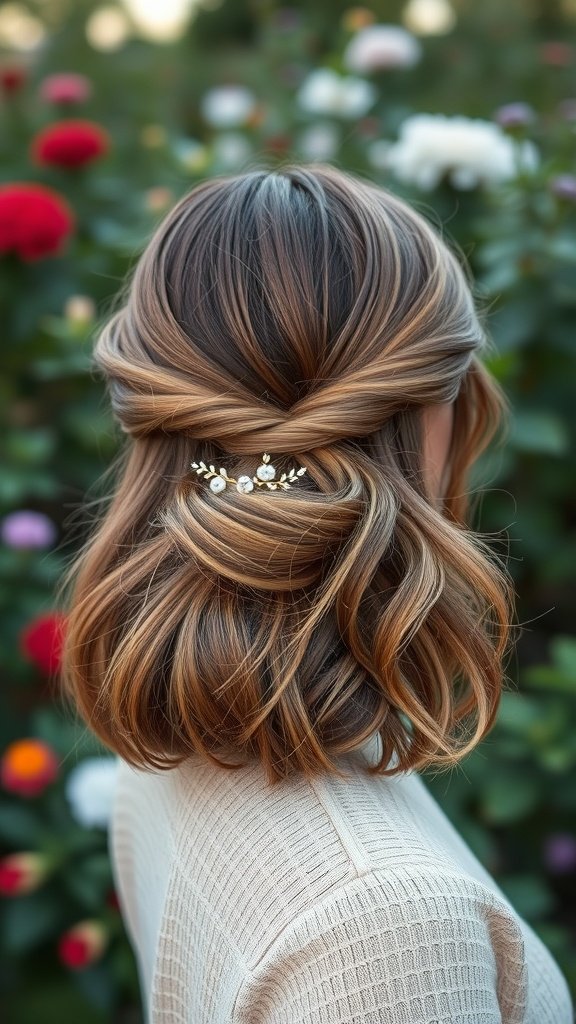 A woman with shoulder-length hair styled in a chic half-up bun, adorned with delicate hair accessories, surrounded by colorful flowers.