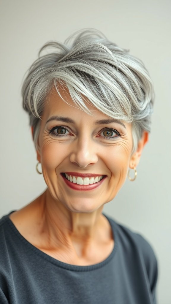 A woman with a chic pixie cut, smiling confidently