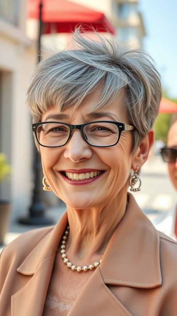 A smiling older woman with a chic pixie haircut, wearing glasses and elegant jewelry.