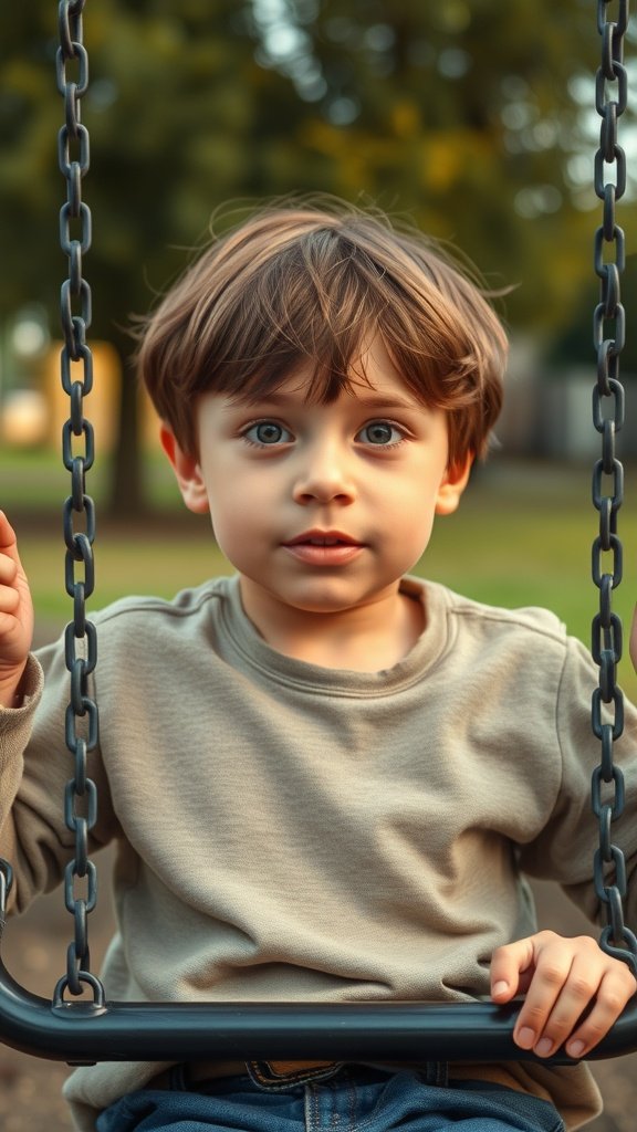 A young boy with choppy bangs sitting on a swing in a park.