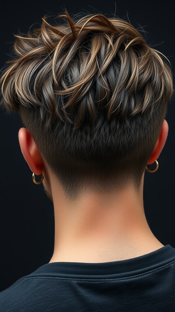 A close-up view of a choppy layered fade haircut, showcasing the textured top and clean fade on the sides.