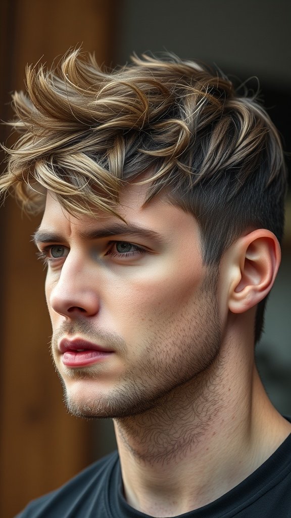 A man with a stylish choppy layered haircut, showcasing texture and movement.