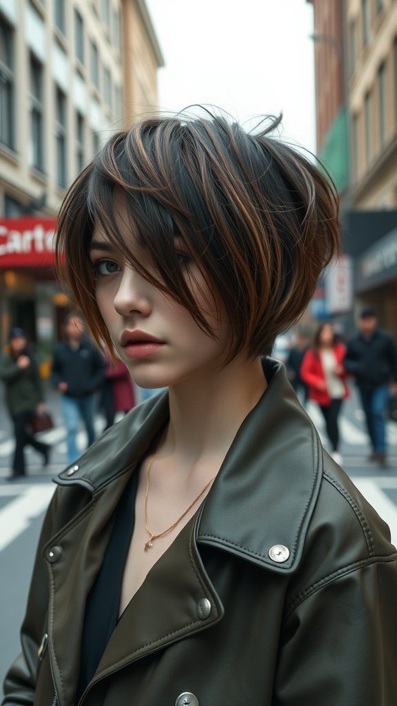 A model with choppy layered hair, wearing a leather jacket, standing in a busy street.