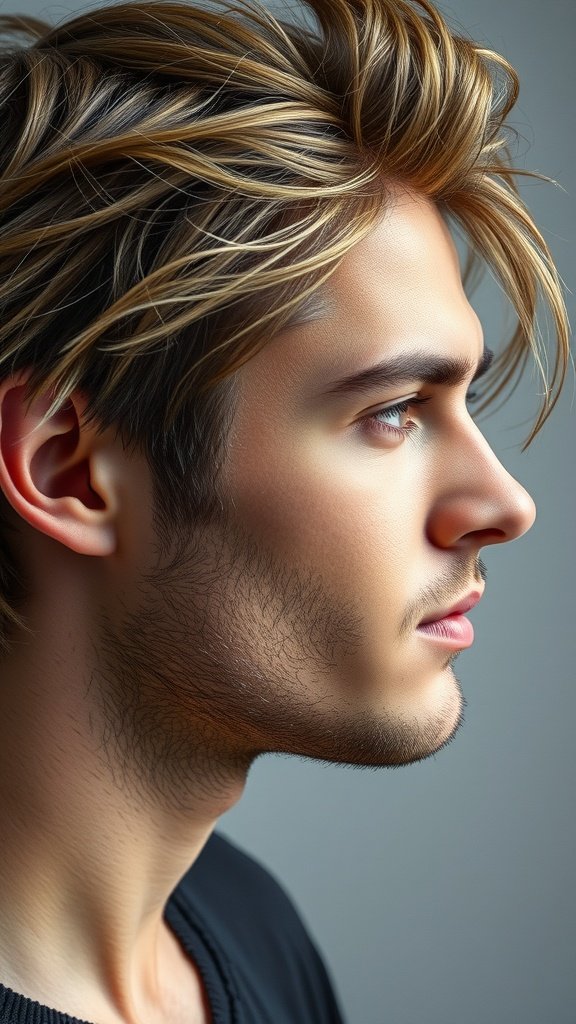 A young man with thick hair styled in choppy layers, showcasing movement and texture.