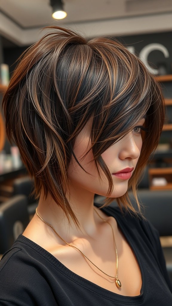 A woman with shoulder-length choppy layered hair with texture, featuring subtle highlights.