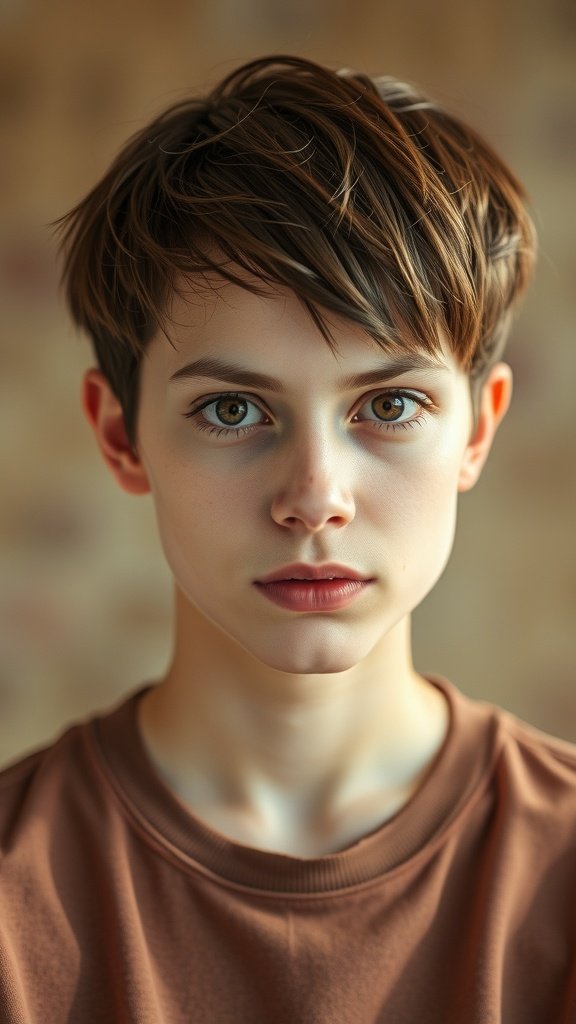 A person with a choppy medium-length haircut, showcasing textured layers and a youthful appearance.