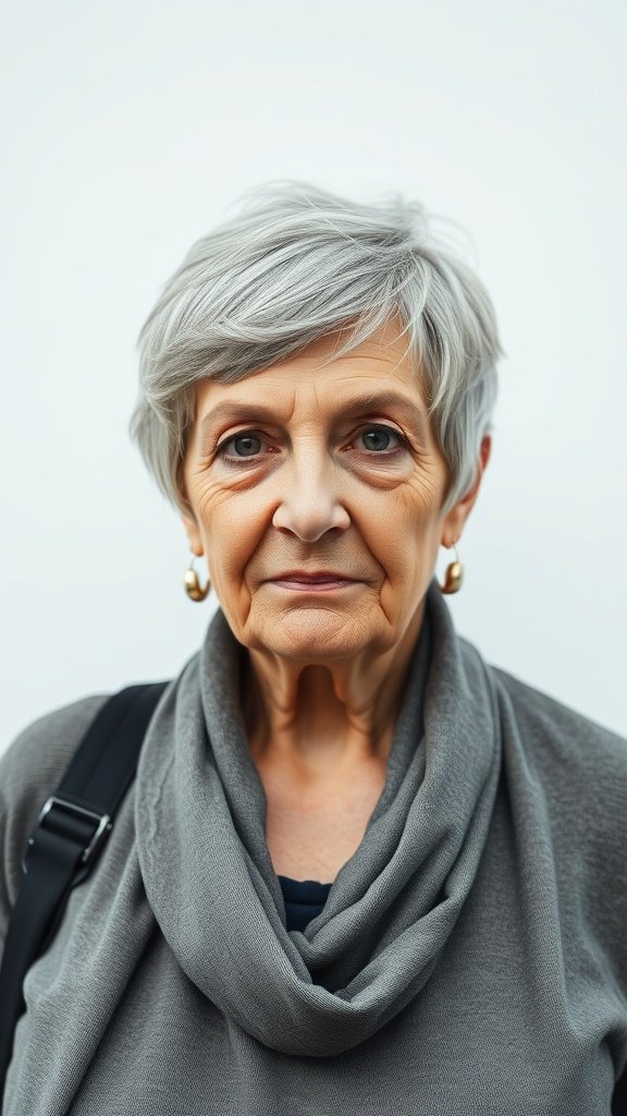 An older woman with a choppy pixie cut, wearing a gray scarf and earrings, looking confidently at the camera.