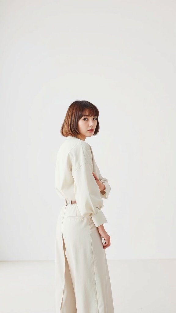 A woman with a classic blunt bob hairstyle, wearing a light-colored outfit, looking back over her shoulder.