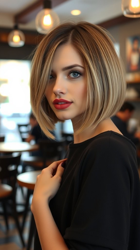 A woman with a shoulder-length classic bob hairstyle, featuring soft waves and subtle highlights, standing in a café.