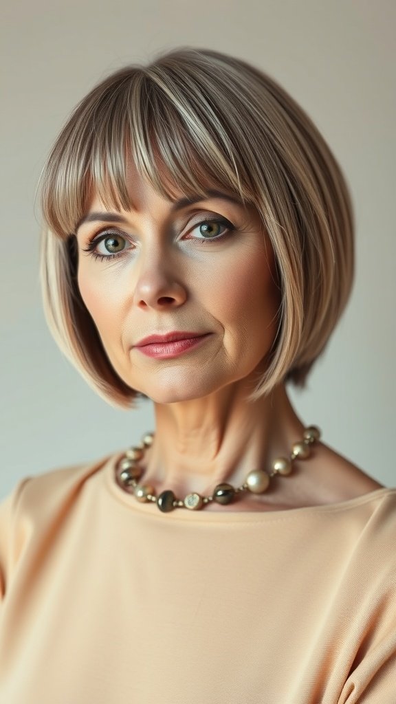 A woman with a classic bob haircut and bangs, wearing a statement necklace.