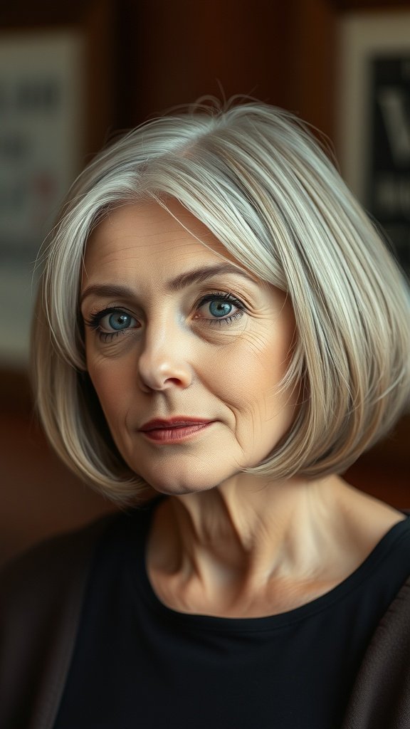 A woman with a classic bob haircut featuring subtle layers, showcasing a sophisticated and elegant look.