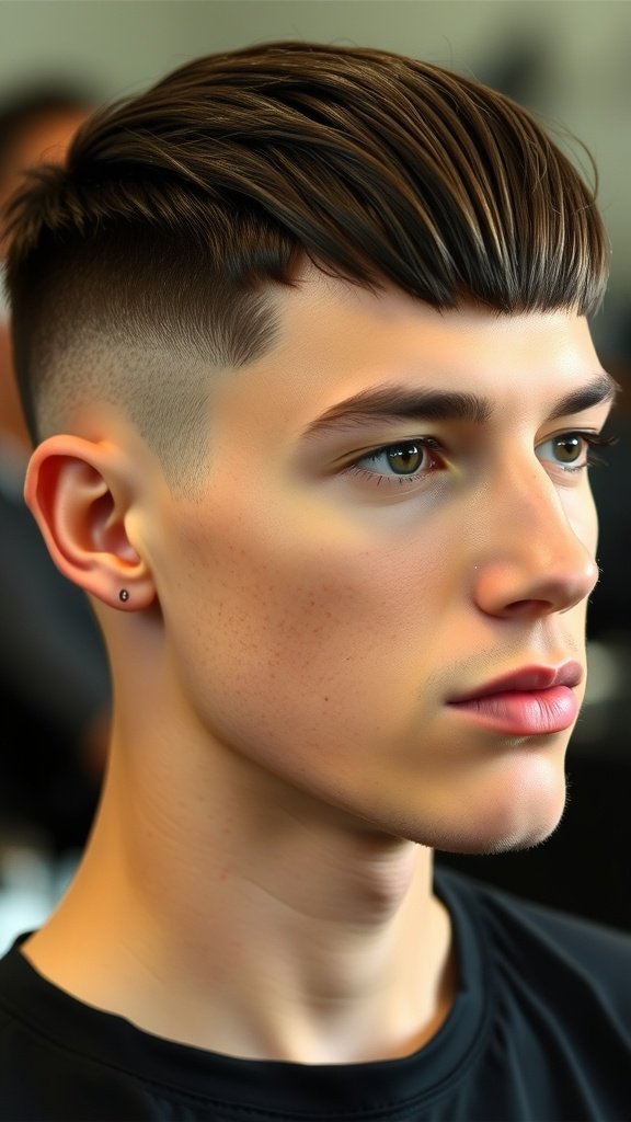 A young man with a classic Caesar cut and mid-fade hairstyle, showcasing a clean and stylish look.